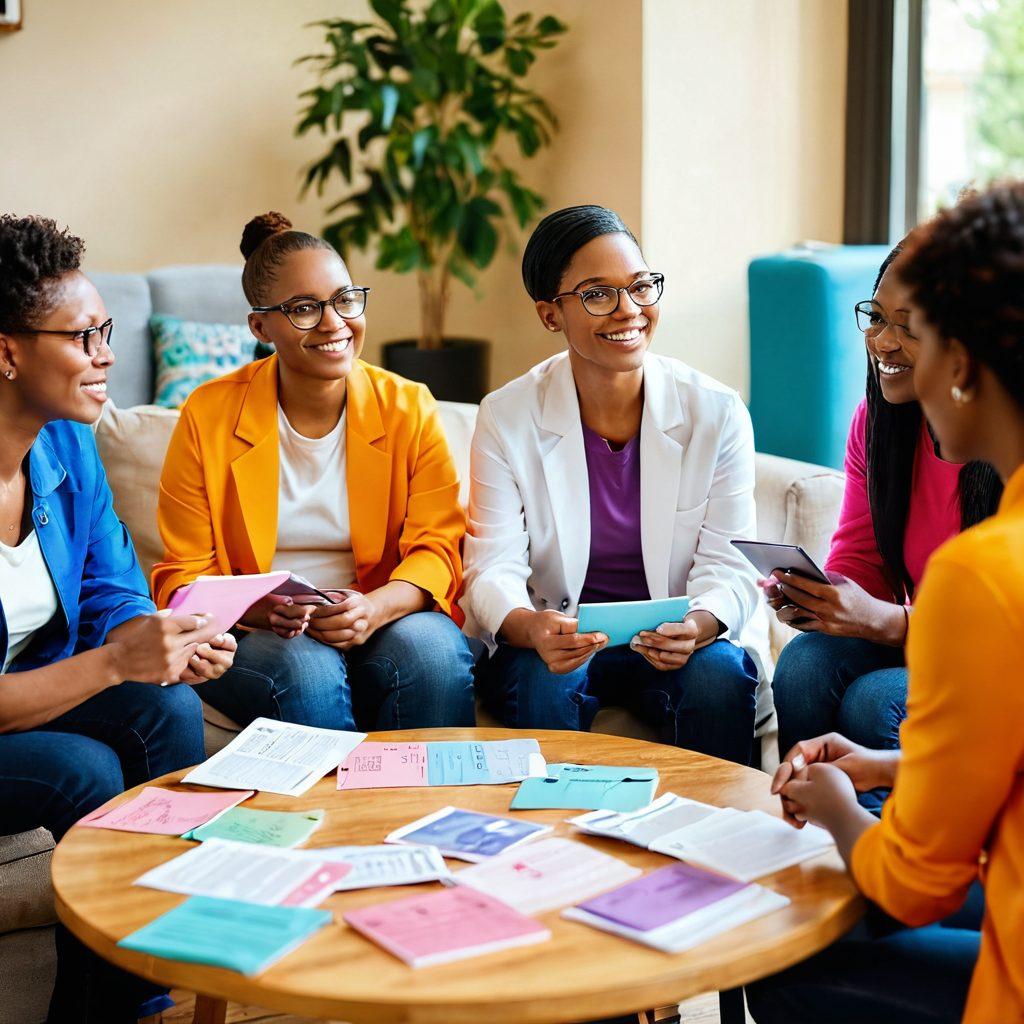 A diverse group of cancer survivors and advocates actively engaged in a community support meeting, surrounded by educational resources like pamphlets and tablets. The atmosphere is warm and inviting, symbolizing empowerment and connection. Bright colors and soft lighting emphasize hope and positivity. super-realistic. vibrant colors. warm tones.