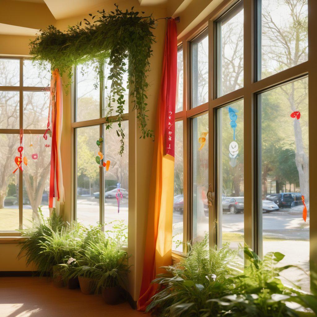 A serene scene depicting a diverse group of individuals sharing stories in a sunlit community support center, with symbols of treatment options like ribbons and medical icons artfully integrated. The atmosphere should radiate warmth and hope, showcasing a mix of age and ethnicity, passionately engaging in conversation and support. Lush greenery outside the windows adds a touch of nature and tranquility. vibrant colors. soft focus. inspirational mood.