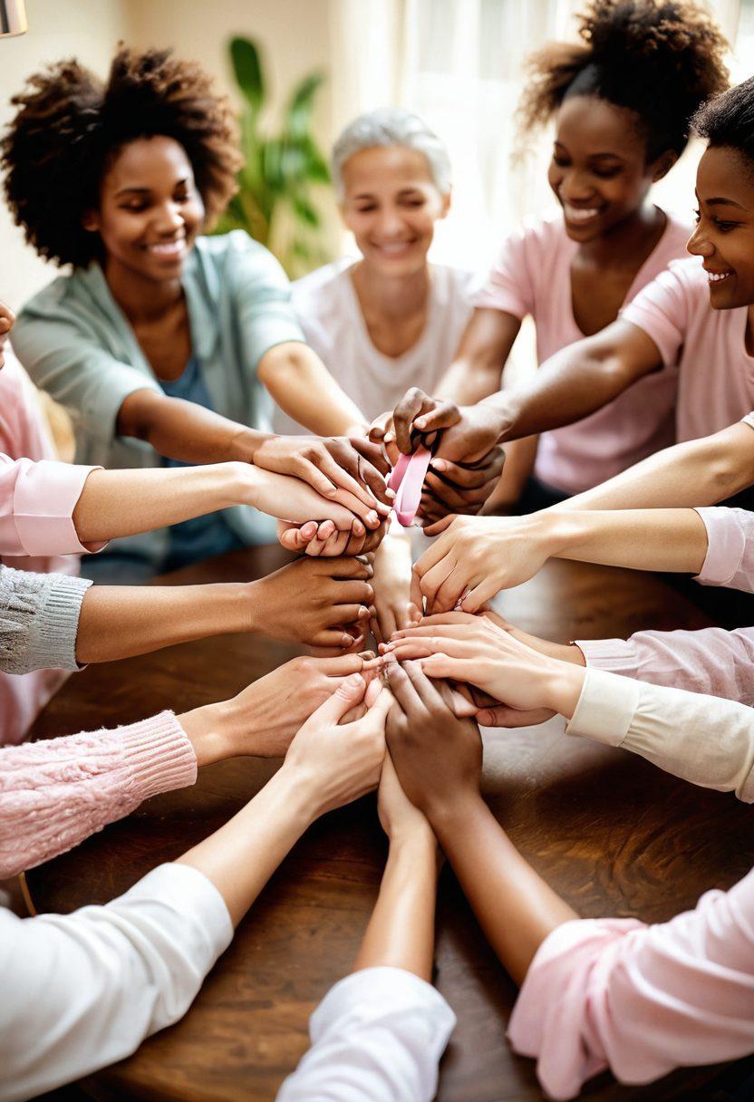 A diverse group of people in a supportive circle, sharing stories and laughter while holding hands, symbolizing unity in cancer care. Soft, warm lighting to evoke a sense of hope and healing. Include elements like pink ribbons, healthy foods, and comforting nature in the background. Focus on emotional expressions of strength and compassion. super-realistic. warm colors. gentle atmosphere.